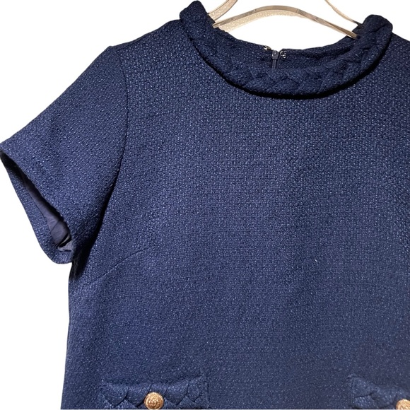 Navy Blue Tweed Jackie Dress Short Sleeve Gold Button Knee Length Braided Trim M - Picture 5 of 10